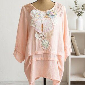 Et Lois Boho Cottagecore embroidered crocheted Butterfly 3/4 sleeve pink Tunic M